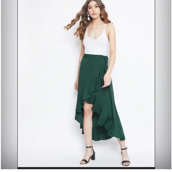 Know one cares forest green ruffle midi wrap skirt women’s large cottagecore - Picture 1 of 7